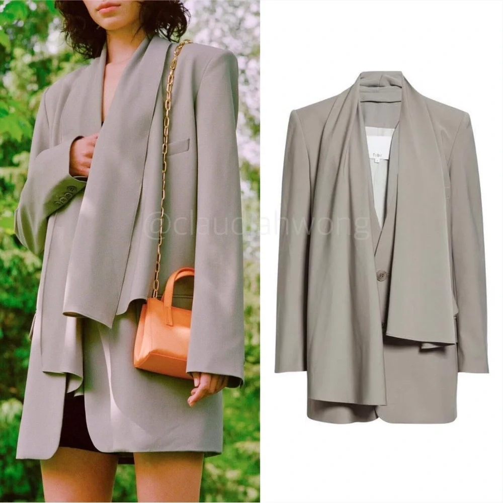 TIBI Tropical Wool Detachable Scarf Blazer Jacket in Cement Grey